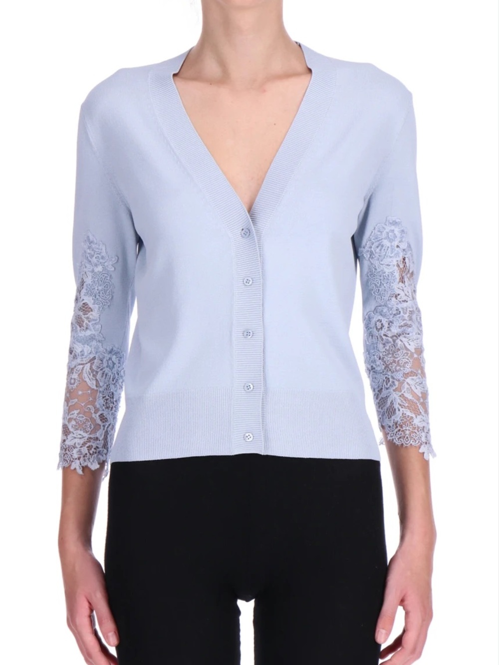 Ermanno Scervino Light Blue V-Neck Lace-Sleeve Cardigan